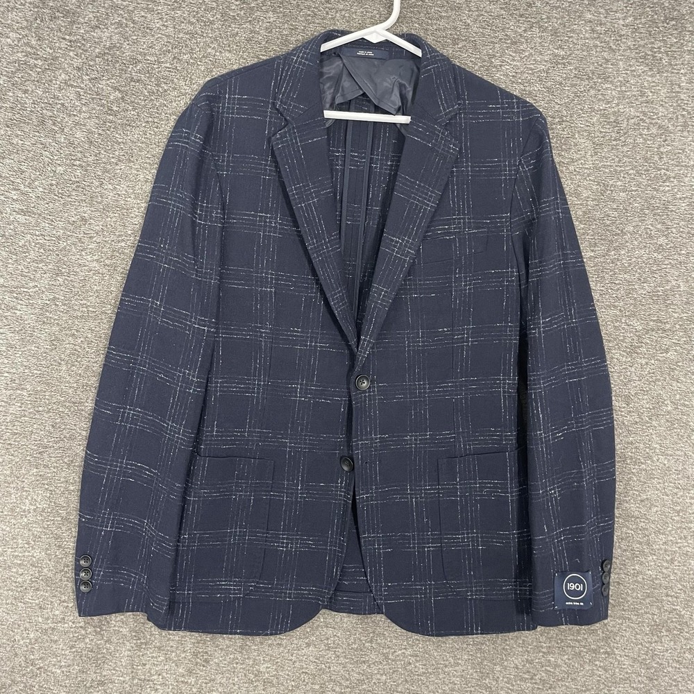 1901 Blazer Mens 40R Blue Plaid Wool Nylon Sport Coat Extra Trim Fit Jacket